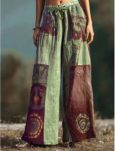  Femmes Jambe large Chinos Vacances ancien Style Ethnique Longueur complète Taille haute Cordon de serrage Patchwork Impression Non Elastique Formel Vacances Rue Bleu Violet Gris Vert Été Printemps