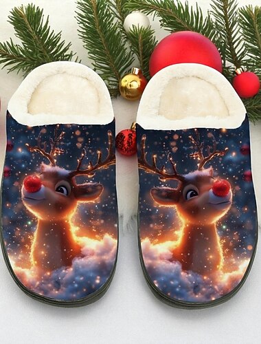  pantofole natalizie da donna con renne - morbide scarpe invernali da interno in peluche con grazioso disegno di Rudolph, calde calzature da casa in pile per le festività e come regalo