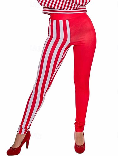  Pantalon Leggings Blanc et Rouge Rayé Adulte Femmes Carnaval Soirée Performance Se déguiser