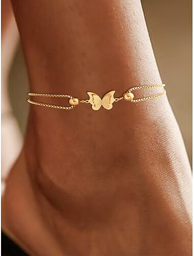  damska bransoletka na kostkę ze stali nierdzewnej z motylkiem – dostępna w kolorze złotym i srebrnym, elegancki łańcuszek z akcentami w kształcie serca, idealna na co dzień i na wieczór