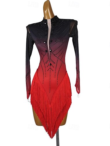  Lateinisches Tanzkleid mit Quasten, Kristallen/Strasssteinen, Damen-Performance-Trainingskleid, langärmelig, Wettkampf-Salsakleid