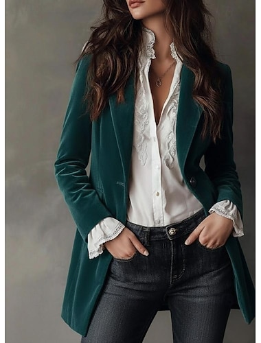  Damen Samtblazer Bequem Atmungsaktiv Tasche Knöpfe Lässig Einfach Urlaub Straße Lässig Alltagskleidung Einreihig Lang Umlegekragen Normale Passform Langarm Oberbekleidung Blau Schwarz Wein Frühling
