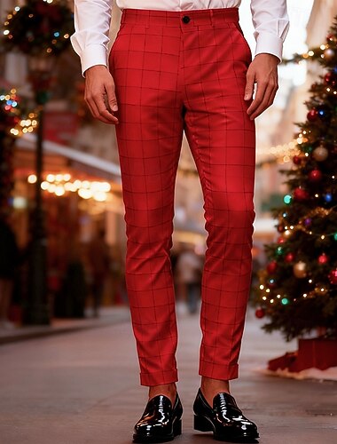  Homens Calças de Natal Calças Social chinês Bolsos Botões Xadrez Conforto Formal Festa Trabalho Moda Estilo Clássico Preto Vinho Micro-Elástica