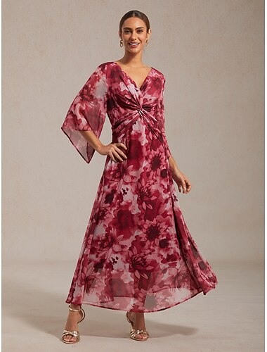  Γυναικείο μάξι φόρεμα με αφηρημένο φλοράλ ντεκολτέ και V λαιμόκοψη, φαρδύ μανίκι μπροστά και κόμπο