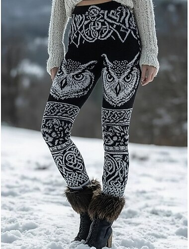  Mulheres Leggings Leggings aconchegantes Férias Vintage Estilo Étnico Comprimento total Cintura Alta Gráfico Animal Corujas Estampado Confortável Com Stretch Casual Diário Férias Preto Primavera