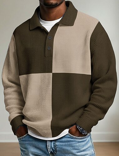  בגדי ריקוד גברים מְשׁוּבָּץ רצועות אופקיות פּוֹלוֹ רוגבי פולו שרוול ארוך חולצות פולו דש בגדי ספורט יום יומי בית הספר בגדי ספורט ומנוחה לבוש יומיומי הדפסת תלת מימד אביב סתיו חורף פול אודם חום