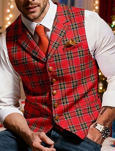  Муж. Жилет Рождество на открытом воздухе Отпуск Для вечеринок Мода Уличный стиль Весна Осень Пуговицы Полистер Воздухопроницаемость В клетку Однобортный крой V-образный вырез Узкий крой