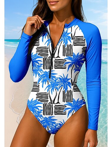  Damen Anti UV Shirt UPF50+ Schnelltrocknend Leicht Langarm Bademode Bodysuit Frontreißverschluss Surfen Strand Wassersport sportlich Schwimmen Blumenmuster Sommer