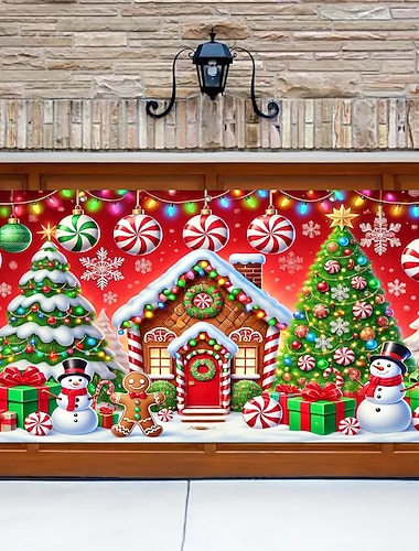  jouluinen autotallin oven suojus, juhlava ulkotausta, jossa lumiukko joulukuusen ja piparkakkutalon kanssa, söpö piparkakkuukko pihan koriste juhlavaan kotijuhla-kohtaukseen