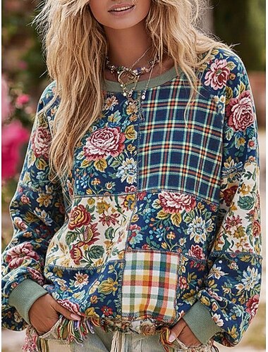  Γυναικεία Pullover Φούτερ Φλοράλ Βίντατζ Κομψό στυλ street Κλασσικό Μακρυμάνικο Στρογγυλή Ψηλή Λαιμόκοψη Στρογγυλή Λαιμόκοψη Κανονικά μπλουζάκια Καθημερινή Ένδυση Causal Στάμπα Θαλασσί