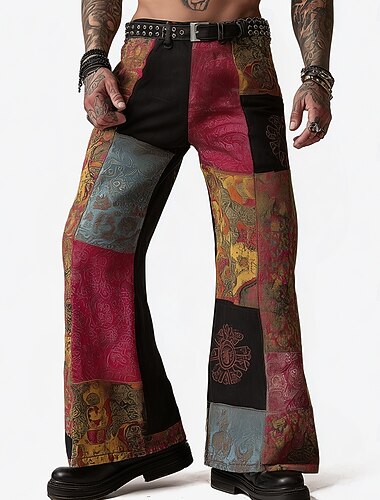  Homens Geométrica Bloco de cor Retalhos Calças Calças Discoteca Calça boca de sino dos anos 60 e 70 Cintura Média Vintage retrô Ao ar livre Festa Casual Bolsos laterais Calças boca de sino Primavera