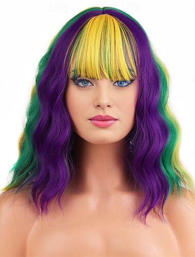  Peruca de Carnaval Roxo Verde Amarelo Ondulado Curto Peruca sintética para festivais Mardi Gras Parada Cabelo para fantasia de cosplay para Feminino