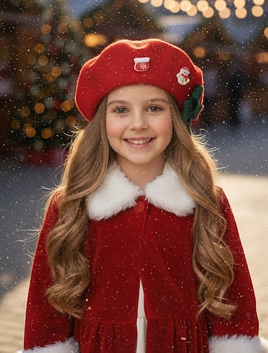  Barns julbaskerhatt, röd med grön rosett och tomten &snögubbedekorationer, perfekta för fester och presenter