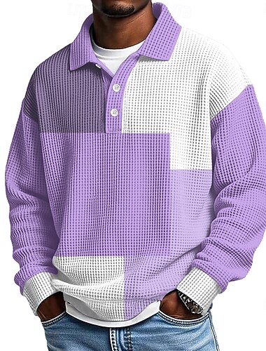  Men's Geometric Color Block Waffle Polo Shirts Long Sleeve Polo Shirts Lapel Casual Athleisure Daily Wear 3D Print Spring Fall Winter Blue Navy Blue Purple