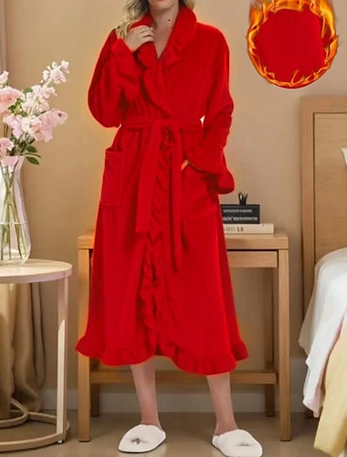  Damen Robe Lässig Einfarbig Tasche Heim Täglich Bett Langarm Hemdkragen Schwarz Weiß Rosa Rote Purpur Herbst Winter Lässiger Schnitt