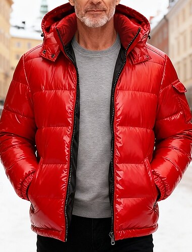  Herr Vinterkappa Dun Pufferjacka Vadderad Ficka Vitt anddun Utomhus Ledigt Dagligen Normal Mode Streetwear Ledigt Håller värmen Vinter Ensfärgat Svart Rubinrött Pufferjacka