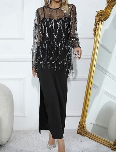  女性用 エレガント 活発的 スカートセット ボレロトップ 長袖 ラウンドネック 純色 スパンコール タッセル パーティー カクテルパーティー ブラック 春 レギュラー