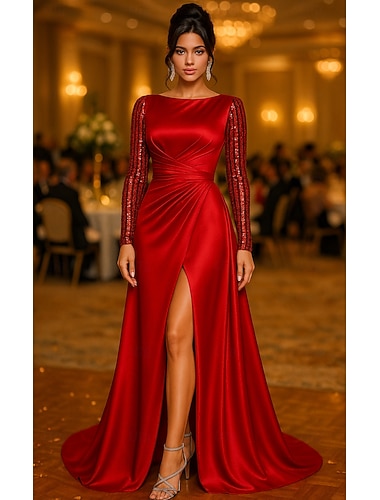  A-linje Gulvlengde Perlebrodert Formell kjole Kjole til brudens mor Ballkjole med kappe Kveldskjoler Formell kjole Elegant Glitrende Silkete Langermet Crew-hals Bryllup Formell Cape Sateng Paljetter