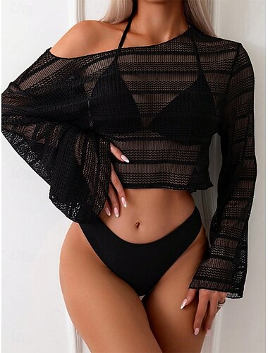  Womens Bikini 3-teiliger Badeanzug Cheeky Slim Rückenfrei Urlaub Strandbekleidung Einfarbig Halterneck Ärmellose Langärmelige Bademode