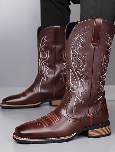  Botas de cowboy masculinas em couro sintético marrom – estilo western clássico com detalhes bordados, perfeitas para festas de Natal e passeios casuais.