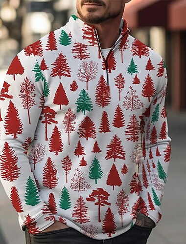  Christmas Miesten Kasvit Polo Pitkähihainen Pystykaulus Rento arki Loma Urheilu ja ulkoilu Festivaali 3D-tulostus Kevät Syksy Talvi Rubiini
