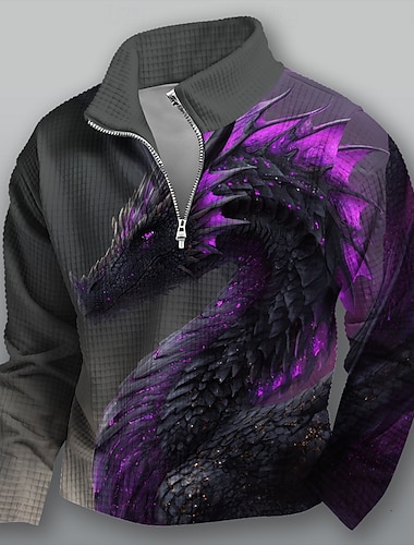  男性用 ドラゴン 3Dプリント ワッフル スウェットシャツ ファッション 日常 カジュアル ファンタジー スタンド クォータージップ アウトドア 家 オフィス ワーク イエロー ブルー パープル グリーン ジッパーを閉める 秋 冬 デザイナー S M L XL XXL XXXL
