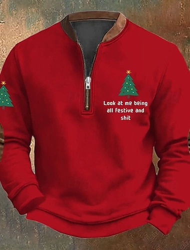  Noël Homme Arbre de Noël Lettre Impression Sweat-shirt à fermeture éclair quart Sweat-shirt de vacances Sweat-shirts manche longue Sweat-shirt Demi-zip Vintage Rétro Imprimé Sortir Festival Graphique