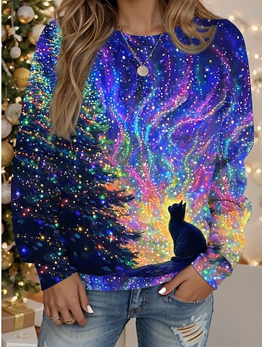  Damen Pullover Sweatshirt Hoodies Grafik Tier Baum Mode Lässig Lange Ärmel Rundhalsausschnitt Reguläre Tops Street Alltagskleidung Print Blau Lila Grün Frühling Herbst Winter