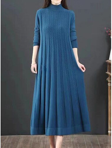  Dam Tröja klänning Elegant Ledigt Mjukt Ren färg Ribbad Polokrage Stickat Långärmad Långa toppar Sticka Utomhus Dagligen Helgen Blå Svart Höst Vinter