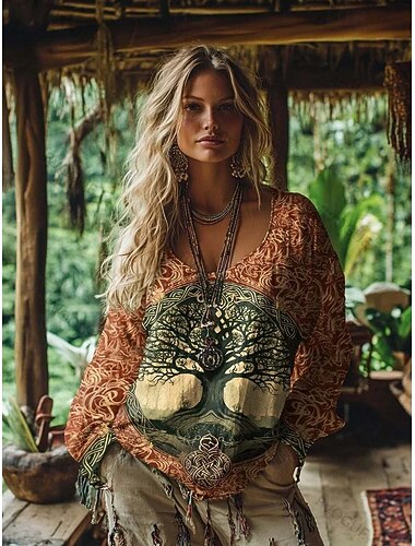  Dame Boho T-skjorte Grafisk Geometrisk Elegant Bohem Tropisk Langermet V-hals Vanlige topper Daglig Ut på byen Helg 3D-utskrift Rosa Lilla Oransje Grønn Sommer Vår Høst Vinter