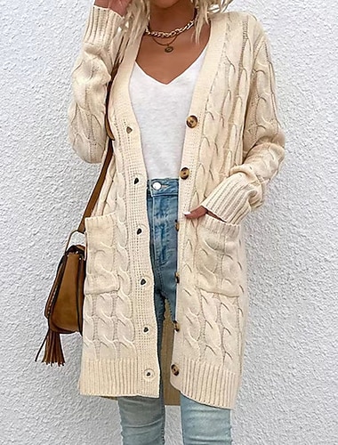  Dámské Svetr Kardigan Elegantní Módní Šik ven Pevná barva Do V Kapsy Knoflíky Pletený Dlouhý rukáv Dlouhé topy Plést Venkovní Domů Práce Vodní modrá Žlutá Podzim Zima