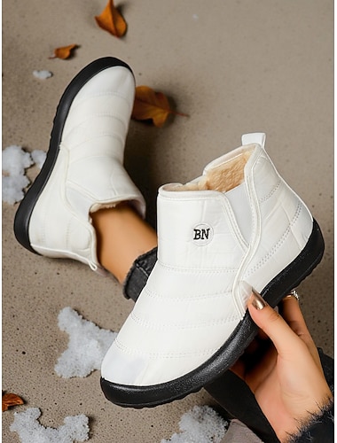  Damskie białe zimowe botki do kostki - wodoodporne śniegowce z podszewką ze sztucznego futra, ciepłe i lekkie obuwie outdoorowe do codziennych zimowych stylizacji