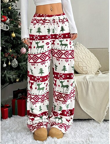  jul dame rett ferie vintage etnisk stil hel lengde høy midje bukser stygg grafisk elg juletre snøring uelastisk utendørs ferie fest hvit vår høst vinter løs passform