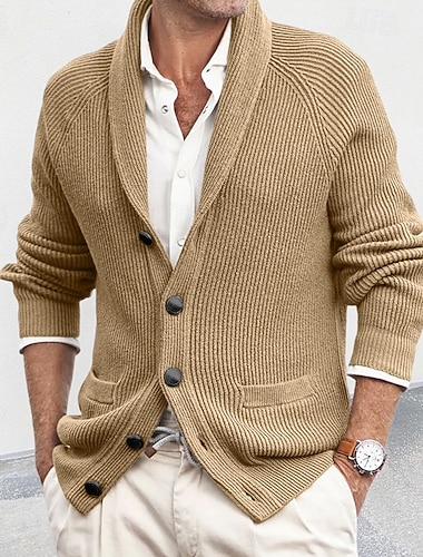  Homens Suéter Sueter Cardigan Estriado Tricotar Tops regulares Abotoar Tricotado Côr Sólida Xale Férias Moda Casual Roupa Diária Roupa Primavera & Outono Outono & inverno Preto Marron M L XL