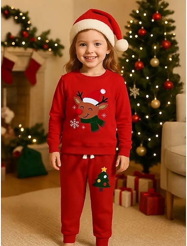  Navidad Chica 3D Graphic Papá Noel Conjuntos navideños regalo de Navidad Traje Deportivo Manga Larga Primavera Otoño Diario Básico Casual Niños 4 años + Cuello Barco Exterior Vacaciones Deportes A