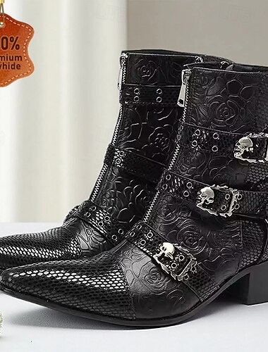  Zwarte leren laarzen met reliëf en gesp voor heren – klassiek design met studs, perfect voor formele gelegenheden, vrijetijdskleding en avondkleding