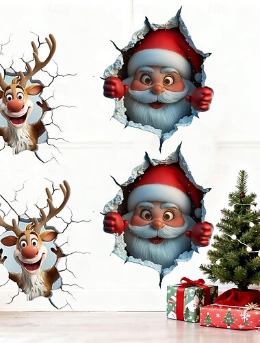  4枚のクリエイティブなクリスマスサンタのウォールステッカー（3D）が壊れています。クリスマスのクリエイティブなウォールステッカー、取り外し可能なクリスマスホリデーの壁用デカール、大きなサンタクロースのウォールステッカー、トナカイのドアステッカー
