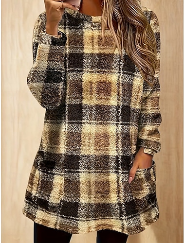  Women's Pullover Sweatshirt Graphic Plaid Casual Long Sleeve Crew Neck Crop Tops Street Dailywear Casual Black Yellow Blue Brown Fall Winter