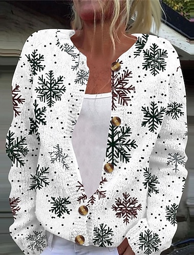  نسائي سترة سترة من الصوف أنيق موضة لطيف ورد الرسم شجرة الكريسماس رقبة عالية مدورة Buttons محبوك طباعة كم طويل قمصان عادية متماسكة عيد الميلاد الأماكن المفتوحة المنزل أبيض أخضر فاتح الخريف الشتاء