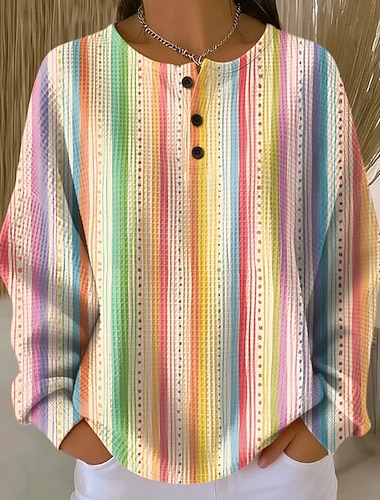  女性用 プルオーバースウェットシャツ グラフィック 幾何学模様 エレガント ヴィンテージ ファッション 長袖 クルーネック レギュラートップス 家 結婚式のゲスト 日常着 ボタン ブルー ダークレッド グリーン レインボー 春 秋 冬