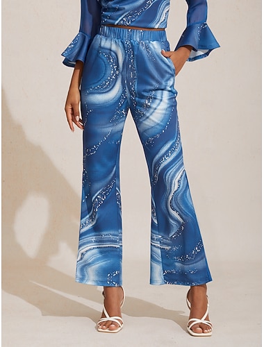  damebukser stretchstoff blomstertrykk chiffong gjennomsiktige paneler utsvingte ben elastisk midje elegant komfortabel daglig arbeid høst