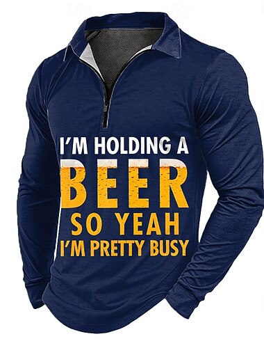  男性用 文字 ジップポロシャツ 長袖 ポロシャツ ラペル カジュアル アウトドア デイリーウェア 3Dプリント 春 秋 冬 ブルー ルビーレッド グリーン