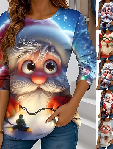  חג המולד בגדי ריקוד נשים חולצה קצרה סנטה קלאוס פתית שלג וינטאג' מסוגנן קלסי שרוול ארוך צווארון עגול קצר צווארון עגול חולצות רגילות סוף שבוע דפוס פול אודם תלתן אפור כהה אפור חורף