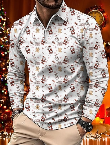  عيد الميلاد المجيد رجالي بابا نويل بولو ستايل كم طويل طوي الحديث وقت الفراغ الرياضة & في الخارج كاجوال / يومي مهرجان سحاب طباعة ثلاثية الأبعاد الربيع الخريف الشتاء أسود أحمر أبيض