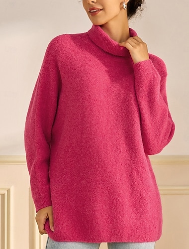  Жен. Вязаная ткань Хомут Рельефный узор Вязать Смесь шерсти Заниженное плечо Летучая мышь Наступила зима Повседневные Вязаная одежда Длинный рукав Сплошной цвет Розовый с красным S M L