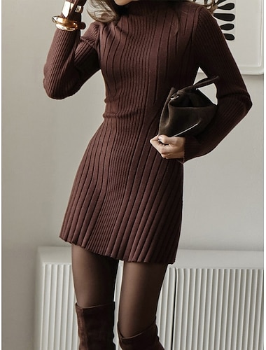  Damen Pullover Kleid Elegant Lässig Weich Einfarbig Gerippt Rundhalsausschnitt Gestrickt Langarm Lange Oberteile Stricken Outdoor Täglich Wochenende Schwarz Wein Herbst Winter