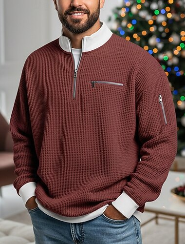  Homme Tee-shirt Gaufre T-shirt manche longue Demi-zip Automne Automne & Hiver Couleur Unie Traditionnel / Vintage Occasionnel Bloc de Couleur Poche à Fermeture Éclair Extérieur Maison Sport & Loisir