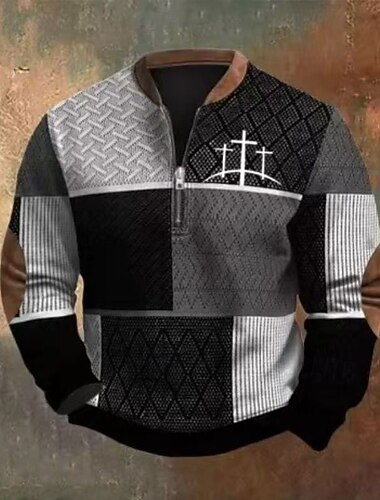  رجالي ألوان متناوبة صليب سويت شيرت بربع سحاب بلوزات كم طويل سويت شيرت طوق بسحاب ريترو خمر طباعة مناسب للعطلات مناسب للخارج طباعة الخريف الشتاء