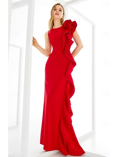  Szűk szabású Földig érő Estélyi ruhák Elegáns Ujjatlan Terített nyak Esküvő Előírásos Zseb Stretch Crepe val vel Fodrozott