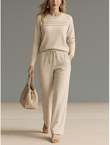  女性用 ファッション ストリートファッション 日常 トラックスーツ パンツセット 長袖 クルーネック 平織り レースアップ カジュアル 日常 ブルー ブラック ピンク 春 レギュラー